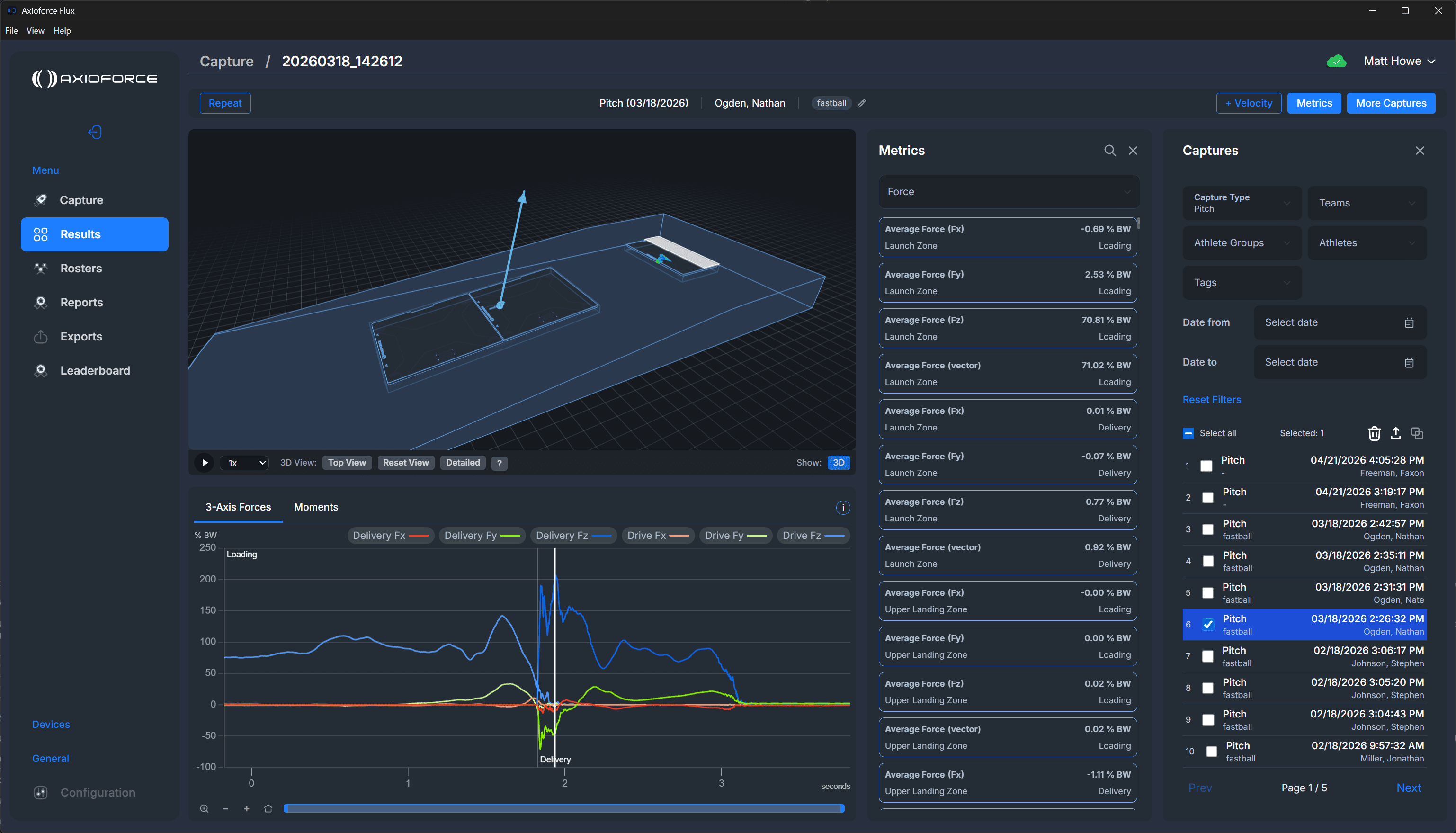 Axioforce Flux desktop app showing a pitching delivery analyzed across drive and delivery zones